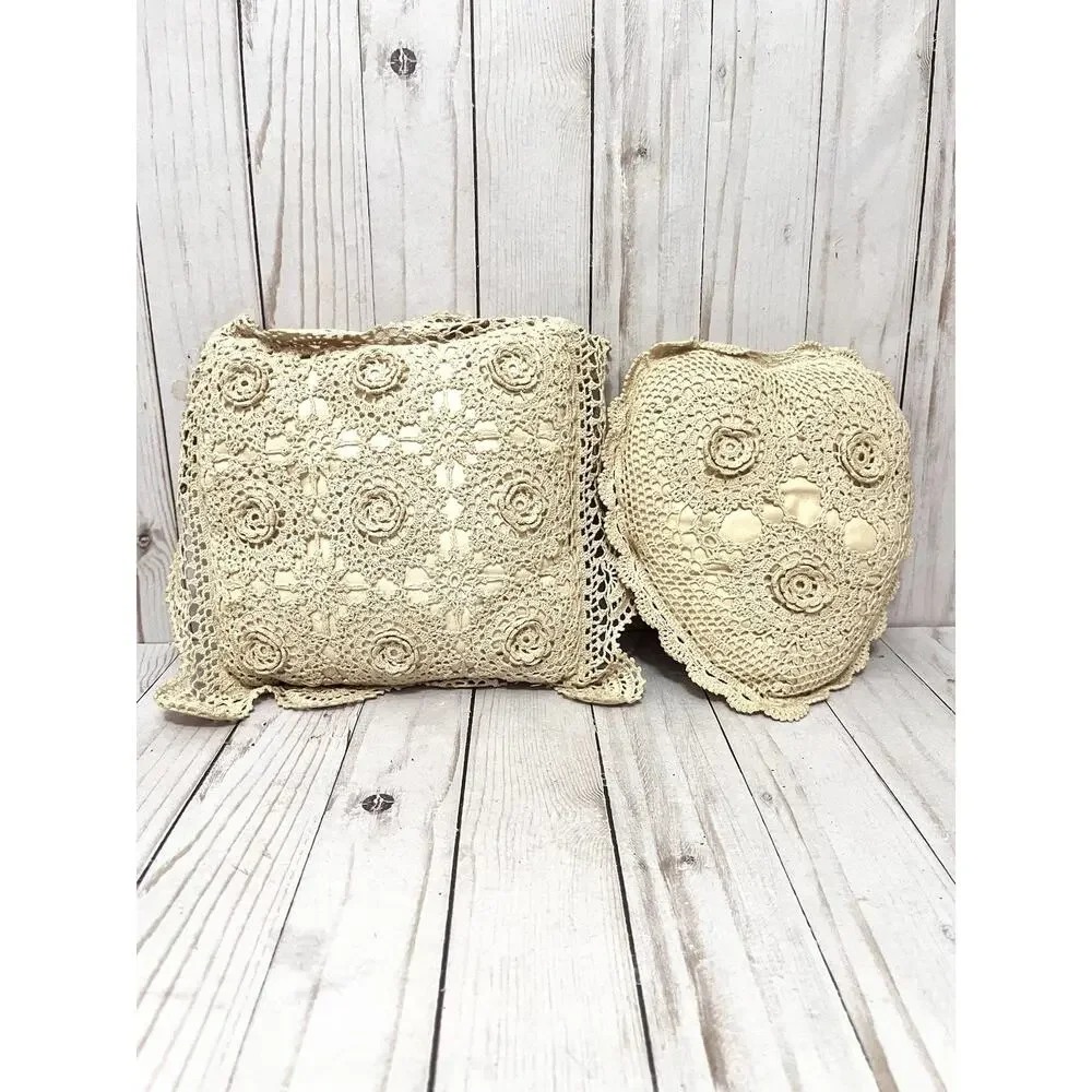 Keeco Vintage Cottagecore Crochet Lace Pillow Set Heart & Square Boho Chic 1995